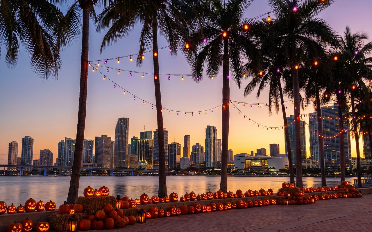 The Miami skyline at sunset over Biscayne Bay, with palm trees, string lights and glowing jack-o'-lanterns along the water
